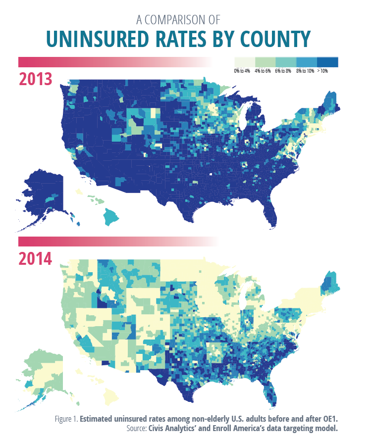 Map showing percentage of uninsured by county
