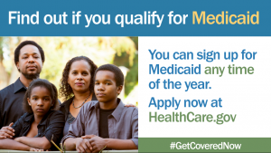 Blue banner, "find out if you qualify for Medicaid" on a white square, "you can sign up for Medicaid any time on the year..." next to a image of a black family with serious expression on their face.