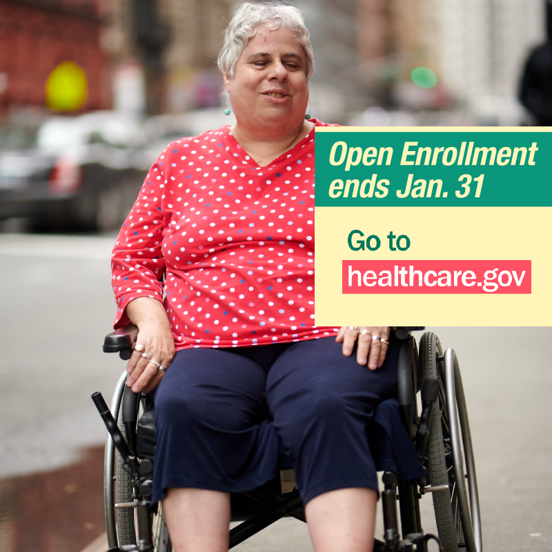 Picture of a woman sitting in wheelchair with message open enrollment ends 1/31 in NY