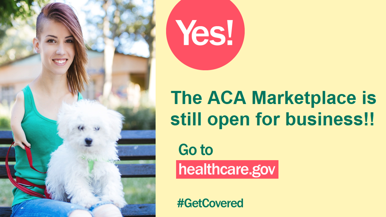 Photo of a young woman with a short arm seated on a park bench with the dog on her lap and the message that the ACA Marketplace is open for business. Go to healthcare.gov.