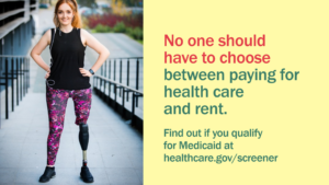 A young woman with a prosthetic leg standing with arms on her hips, and wearing workout gear with message "No one should have to choose between paying for health care and rent."