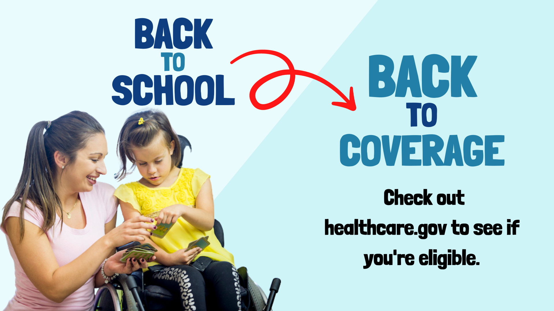 Picture with a woman sitting next to a young girl in a wheelchair looking at a card game with the message “back to school” and an arrow pointing to a message “back to coverage. Check out healthcare.gov to see if you’re eligible”.